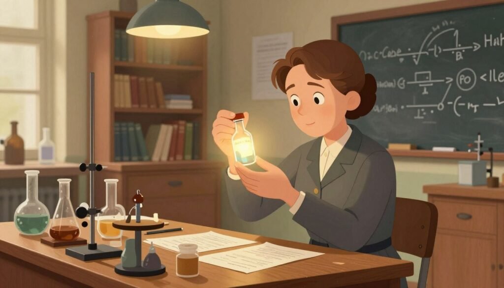 A detailed illustration of Marie Curie in her laboratory at the Radium Institute, showcasing her groundbreaking discoveries in radioactivity. In the foreground, Marie Curie, wearing a professional dress, is examining a glowing vial of radium with focused determination. The middle ground features a wooden workbench filled with scientific instruments, beakers, and notes scattered around. The background displays bookshelves lined with scientific texts, a chalkboard filled with formulas, and soft lighting highlighting the room’s vintage atmosphere. The setting embodies a sense of innovation and historical significance, bathed in warm, inviting light. Capture this moment in a slightly angled perspective to convey depth and engagement, while maintaining a friendly and inspirational mood. Include the brand name "Debsie" subtly in the design.