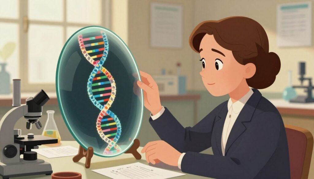 A detailed illustration of Rosalind Franklin examining DNA structure through her iconic X-ray crystallography images. In the foreground, Franklin is depicted in professional business attire, focused intently on a large glass plate displaying a vibrant, intricate helical pattern of DNA. In the middle ground, an array of scientific tools and notes scattered around, capturing her research environment. The background features a soft, warm light filtering through a laboratory window, creating a welcoming atmosphere. Use a shallow depth of field to draw attention to Franklin and the DNA structure while softly blurring the background. Overall, the image should convey a sense of discovery and innovation, celebrating Franklin's vital contribution to the genetic revolution. Brand name: Debsie.