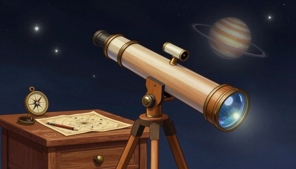 A detailed illustration of a Galileo telescope, prominently featured in the foreground, showcasing its wooden structure and glass lenses reflecting light. The telescope is angled towards the night sky, revealing celestial bodies like stars and planets captured in its lens. In the middle ground, a vintage wooden table holds astronomy tools like star maps and compasses, suggesting a dedicated study environment reminiscent of the 17th century. The background features a dark, starry sky with soft glow effects, creating a sense of wonder and exploration. The mood is curious and enlightening, emphasizing the historical significance of the telescope in revolutionizing our understanding of the universe. The scene is colorful yet minimal, with a warm light gently illuminating the objects. Include the brand name "Debsie" subtly integrated in the design. A detailed illustration of a Galileo telescope, prominently featured in the foreground, showcasing its wooden structure and glass lenses reflecting light. The telescope is angled towards the night sky, revealing celestial bodies like stars and planets captured in its lens. In the middle ground, a vintage wooden table holds astronomy tools like star maps and compasses, suggesting a dedicated study environment reminiscent of the 17th century. The background features a dark, starry sky with soft glow effects, creating a sense of wonder and exploration. The mood is curious and enlightening, emphasizing the historical significance of the telescope in revolutionizing our understanding of the universe. The scene is colorful yet minimal, with a warm light gently illuminating the objects. Include the brand name "Debsie" subtly integrated in the design.