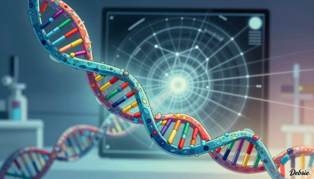 A detailed illustration of an X-ray crystallography representation of a DNA double helix structure, prominently featuring vibrant colors that highlight the intricate molecular bonds. In the foreground, the DNA strands are clearly defined, showcasing the base pairs and backbones in a strikingly detailed manner. The middle ground should include a representation of an X-ray diffraction pattern, with geometric shapes and lines radiating outward, symbolizing the scientific process. The background features a subtle gradient, evoking a laboratory setting, with soft, focused lighting that creates an ethereal atmosphere. The entire scene is designed to convey a sense of discovery and scientific wonder, ideal for a professional audience. This artwork is branded with the signature "Debsie" for authenticity.