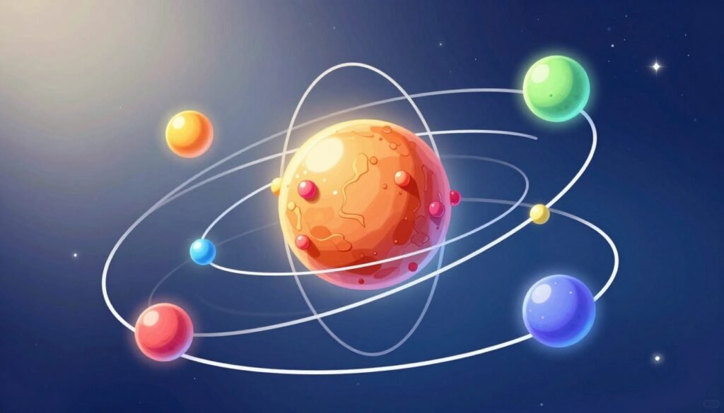 A detailed illustration of the Bohr atomic model, featuring a central nucleus composed of protons and neutrons, surrounded by elegant electron orbits in vibrant colors. The electrons are depicted as bright spheres along their well-defined circular paths, symbolizing energy levels. In the foreground, the nucleus is richly textured, while the electrons are animated and vivid, giving a sense of motion. The background is a soft gradient of deep space blue, sprinkled with faint stars to create a cosmic atmosphere. Soft, diffused lighting illuminates the model from the top left, casting gentle shadows to enhance depth. Capture the essence of scientific discovery with a friendly and engaging vibe. The artwork prominently displays the brand name "Debsie" subtly integrated into the design, ensuring focus on the model itself.