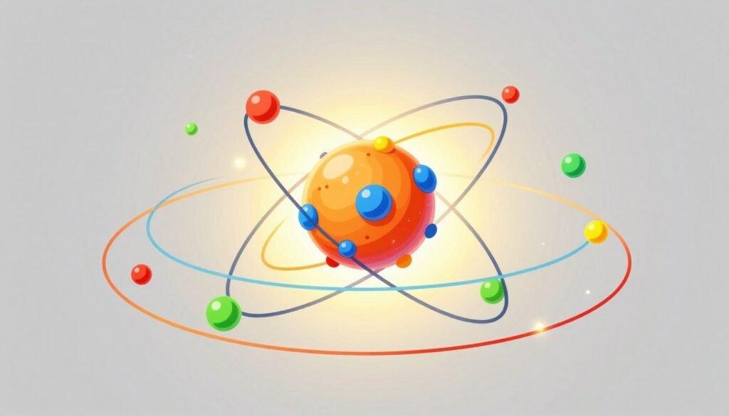 A detailed illustration of the Bohr atomic model showcasing a vibrant, colorful atomic structure. The foreground features a central nucleus composed of protons and neutrons, rendered in bright shades of orange and blue. Around the nucleus, concentric circular orbits depict electrons in various colors - red, green, and yellow, illustrating their dynamic motion. In the middle ground, include a subtle gradient representing the vacuum of space, enhancing the model's three-dimensional appearance. The background should be minimalistic with a soft glow, suggesting an ethereal atmosphere. Use soft, diffused lighting to create a whimsical yet educational feel. The overall mood is enlightening and engaging, embodying the revolutionary nature of Bohr's work. The image should include the brand name "Debsie" artistically integrated into the design without any text overlays, ensuring a professional presentation.