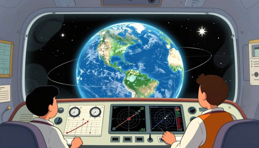 A detailed illustration of the Friendship 7 orbital calculations, capturing the spirit of space exploration. In the foreground, a vintage-style control panel displays intricate dials, charts, and graphs, showcasing orbital data. The middle layer features a translucent blue Earth seen through a large glass viewport, illuminated by soft, ambient lighting that hints at the beauty of space. In the background, stars twinkle against a deep black sky. The atmosphere conveys a sense of wonder and achievement, emphasizing the scientific precision and collaboration involved in the Friendship 7 mission. Imbue the scene with a nostalgic yet vibrant mood, reflecting the historical significance of NASA's achievements in human spaceflight. Designed in a colorful and minimal style, attribute the imagery to "Debsie". A detailed illustration of the Friendship 7 orbital calculations, capturing the spirit of space exploration. In the foreground, a vintage-style control panel displays intricate dials, charts, and graphs, showcasing orbital data. The middle layer features a translucent blue Earth seen through a large glass viewport, illuminated by soft, ambient lighting that hints at the beauty of space. In the background, stars twinkle against a deep black sky. The atmosphere conveys a sense of wonder and achievement, emphasizing the scientific precision and collaboration involved in the Friendship 7 mission. Imbue the scene with a nostalgic yet vibrant mood, reflecting the historical significance of NASA's achievements in human spaceflight. Designed in a colorful and minimal style, attribute the imagery to "Debsie".