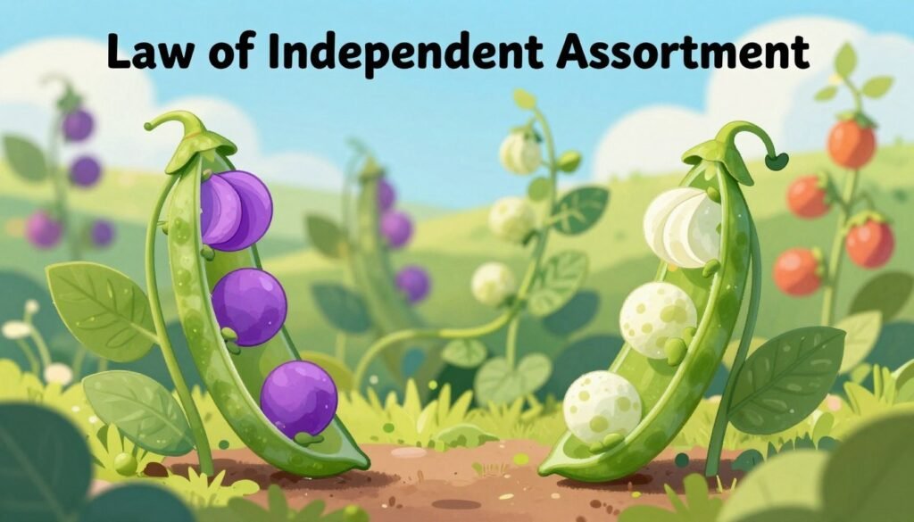 A detailed illustration of the "Law of Independent Assortment" depicted through a vibrant garden of colorful pea plants, showcasing different traits like flower color and seed shape. In the foreground, two distinct pea pods are presented side by side, one with purple flowers and round seeds, and the other with white flowers and wrinkled seeds, representing genetic variation. The middle ground features lush vines intertwining, symbolizing the genetic mixing. The background fades into a soft blue sky with scattered white clouds, creating a cheerful atmosphere. The lighting is bright and natural, emphasizing the vivid colors of the plants, making it feel lively and informative. This image will reflect the essence of genetics in a friendly style. Designed by Debsie. A detailed illustration of the "Law of Independent Assortment" depicted through a vibrant garden of colorful pea plants, showcasing different traits like flower color and seed shape. In the foreground, two distinct pea pods are presented side by side, one with purple flowers and round seeds, and the other with white flowers and wrinkled seeds, representing genetic variation. The middle ground features lush vines intertwining, symbolizing the genetic mixing. The background fades into a soft blue sky with scattered white clouds, creating a cheerful atmosphere. The lighting is bright and natural, emphasizing the vivid colors of the plants, making it feel lively and informative. This image will reflect the essence of genetics in a friendly style. Designed by Debsie.