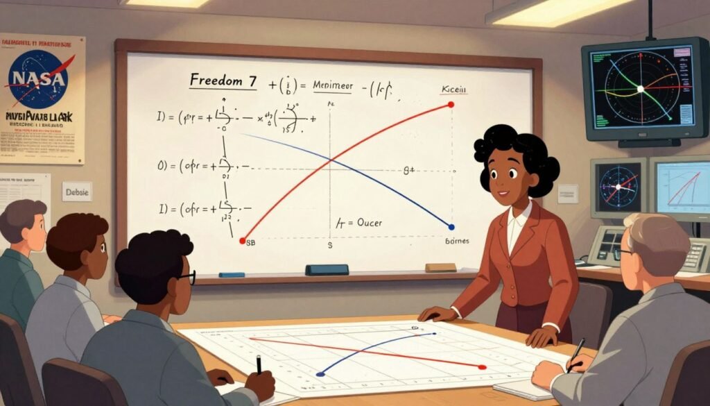 A detailed illustration of the trajectory calculation for Freedom 7, focusing on Katherine Johnson in a NASA control room. In the foreground, a diverse group of engineers, including a Black female mathematician dressed in professional attire, collaborates around a large graph displaying trajectory data. The middle section highlights complex mathematical equations and diagrams on a large whiteboard. The background includes vintage NASA posters and monitors showing trajectory simulations, bathed in warm, focused lighting. The mood is one of intense concentration and teamwork, showcasing a pivotal moment in space exploration history. The image should be colorful, friendly, and minimal, with a clear focus on collaboration and innovation at NASA, branded elegantly with the name "Debsie." A detailed illustration of the trajectory calculation for Freedom 7, focusing on Katherine Johnson in a NASA control room. In the foreground, a diverse group of engineers, including a Black female mathematician dressed in professional attire, collaborates around a large graph displaying trajectory data. The middle section highlights complex mathematical equations and diagrams on a large whiteboard. The background includes vintage NASA posters and monitors showing trajectory simulations, bathed in warm, focused lighting. The mood is one of intense concentration and teamwork, showcasing a pivotal moment in space exploration history. The image should be colorful, friendly, and minimal, with a clear focus on collaboration and innovation at NASA, branded elegantly with the name "Debsie."