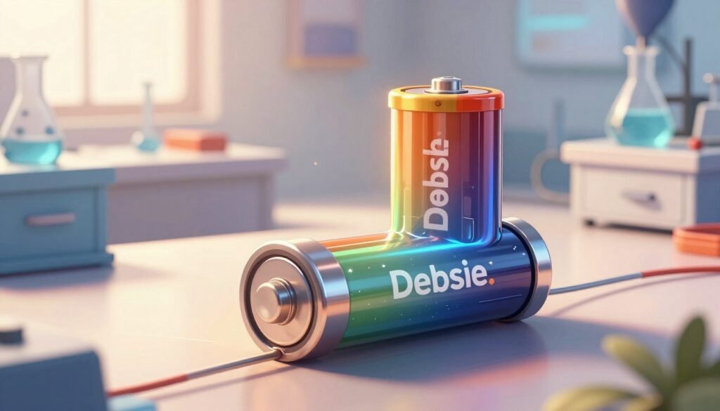 A detailed lithium-ion battery designed for sleek efficiency, prominently positioned in the foreground, showcasing its metallic casing and intricate internal components with vibrant colors and subtle reflections. In the middle ground, a stylized, softly lit laboratory setting conveys a sense of innovation and scientific exploration, featuring modern equipment and tools related to battery technology. In the background, soft abstract shapes suggest energy flow, hinting at the revolutionary potential of these batteries. The lighting is bright yet warm, highlighting the battery while casting soft shadows for depth. The lens captures the scene from a slight angle, emphasizing the battery's importance in the evolving technological landscape. This image should reflect a friendly and professional atmosphere, avoiding any text or watermarks, branded with the name "Debsie."