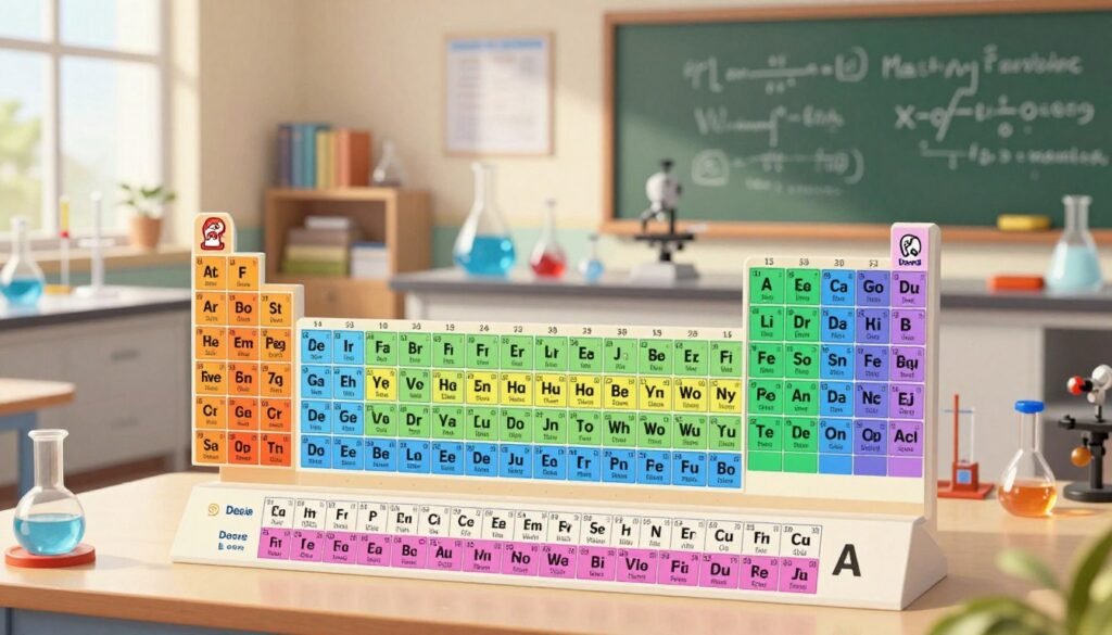 A detailed periodic table displayed prominently in a bright and inviting academic setting. The foreground features the periodic table, with elements vividly colored and clearly labeled, emphasizing their atomic numbers and valences. In the middle ground, a sleek, modern laboratory environment with glass beakers, scientific instruments, and a chalkboard filled with formulas conveys scholarly activity. The background includes softly blurred shelves lined with chemistry books and tools, creating a sense of depth. Natural light floods the scene, illuminating the table while casting gentle shadows, creating a warm and engaging atmosphere. The overall mood is one of curiosity and inspiration, ideal for an educational context. The logo "Debsie" subtly integrated into the illustration, maintaining a professional appearance. A detailed periodic table displayed prominently in a bright and inviting academic setting. The foreground features the periodic table, with elements vividly colored and clearly labeled, emphasizing their atomic numbers and valences. In the middle ground, a sleek, modern laboratory environment with glass beakers, scientific instruments, and a chalkboard filled with formulas conveys scholarly activity. The background includes softly blurred shelves lined with chemistry books and tools, creating a sense of depth. Natural light floods the scene, illuminating the table while casting gentle shadows, creating a warm and engaging atmosphere. The overall mood is one of curiosity and inspiration, ideal for an educational context. The logo "Debsie" subtly integrated into the illustration, maintaining a professional appearance.