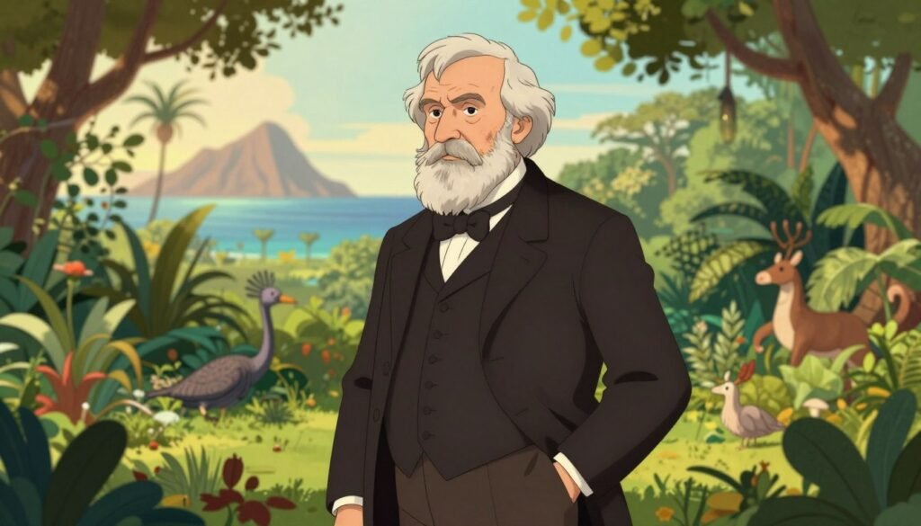 A detailed portrait of Charles Darwin, depicting him in the late 19th century, wearing a dark, tailored suit with a waistcoat and a white shirt. He stands confidently in a lush, green garden, surrounded by various species of plants and wildlife, reflecting his contributions to natural science. The background features a soft-focus view of the Galápagos Islands, hinting at his groundbreaking research. Warm, natural sunlight filters through the trees, creating a serene and scholarly atmosphere. The image captures a thoughtful expression on Darwin's face, suggesting deep contemplation about evolution and life changes. The composition is vivid and colorful, highlighting the beauty of nature, with a subtle depth of field focusing on Darwin while gently blurring the background. This illustration is designed by Debsie. A detailed portrait of Charles Darwin, depicting him in the late 19th century, wearing a dark, tailored suit with a waistcoat and a white shirt. He stands confidently in a lush, green garden, surrounded by various species of plants and wildlife, reflecting his contributions to natural science. The background features a soft-focus view of the Galápagos Islands, hinting at his groundbreaking research. Warm, natural sunlight filters through the trees, creating a serene and scholarly atmosphere. The image captures a thoughtful expression on Darwin's face, suggesting deep contemplation about evolution and life changes. The composition is vivid and colorful, highlighting the beauty of nature, with a subtle depth of field focusing on Darwin while gently blurring the background. This illustration is designed by Debsie.