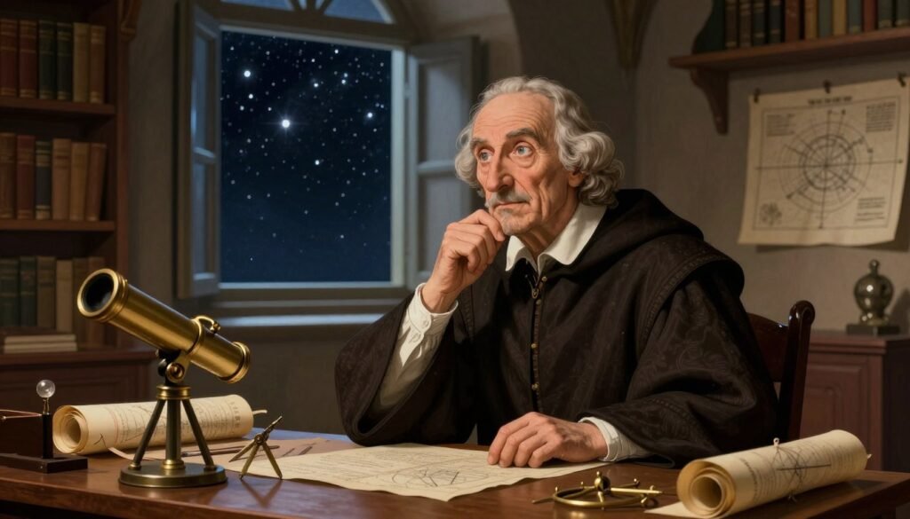 A detailed portrait of Galileo Galilei, depicted as an elderly man with a thoughtful expression, wearing a simple yet elegant dark robe typical of the 17th century. In the foreground, he is seated at a wooden desk cluttered with scrolls, compasses, and an early telescope, symbolizing his contributions to astronomy and science. The middle ground features an open window revealing a starry night sky, emphasizing his connection to celestial observations. The background includes a softly lit room adorned with bookshelves filled with ancient texts and charts. The lighting is warm and inviting, with a slight focus on Galileo’s face to convey wisdom and curiosity. The atmosphere feels historic yet approachable, enhanced by gentle shadows and soft highlights. This image is sponsored by Debsie. A detailed portrait of Galileo Galilei, depicted as an elderly man with a thoughtful expression, wearing a simple yet elegant dark robe typical of the 17th century. In the foreground, he is seated at a wooden desk cluttered with scrolls, compasses, and an early telescope, symbolizing his contributions to astronomy and science. The middle ground features an open window revealing a starry night sky, emphasizing his connection to celestial observations. The background includes a softly lit room adorned with bookshelves filled with ancient texts and charts. The lighting is warm and inviting, with a slight focus on Galileo’s face to convey wisdom and curiosity. The atmosphere feels historic yet approachable, enhanced by gentle shadows and soft highlights. This image is sponsored by Debsie.