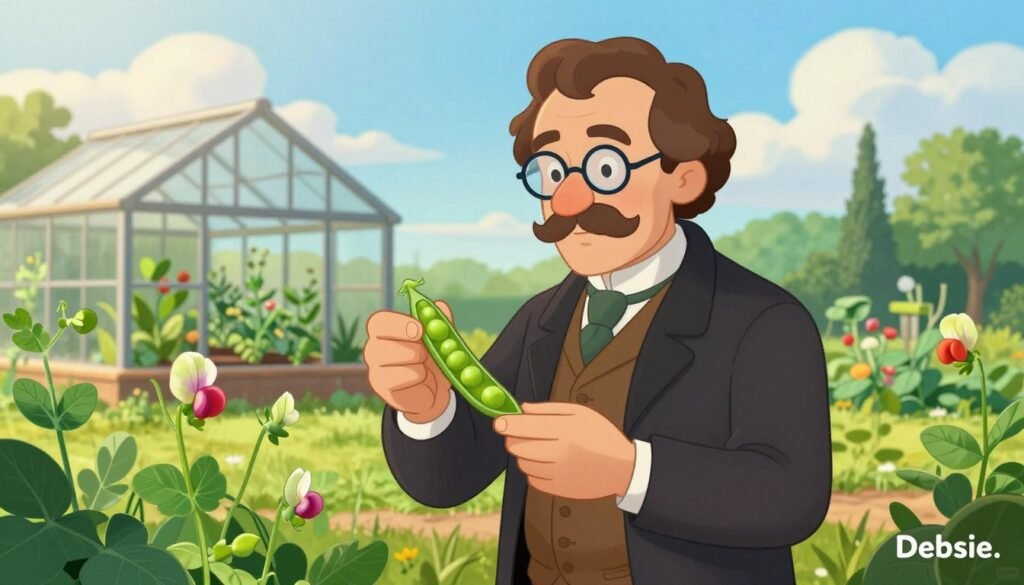 A detailed portrait of Gregor Mendel, depicted as a middle-aged man in professional 19th-century attire, complete with a waistcoat and spectacles. He stands in a lush garden, surrounded by vibrant pea plants, symbolizing his groundbreaking genetics work. In the foreground, Mendel carefully examines a pea pod, emphasizing his meticulous research. The middle background features a sunlit greenhouse filled with various plants, portraying Mendel's experimental setting. The background includes a blue sky with soft, fluffy clouds, reflecting a bright and hopeful atmosphere. The lighting is warm and inviting, casting gentle shadows that enhance the natural beauty of the scene. The overall mood conveys curiosity and discovery, aimed to inspire interest in Mendel’s contributions to modern genetics. The image should be colorful and friendly, branded with "Debsie."