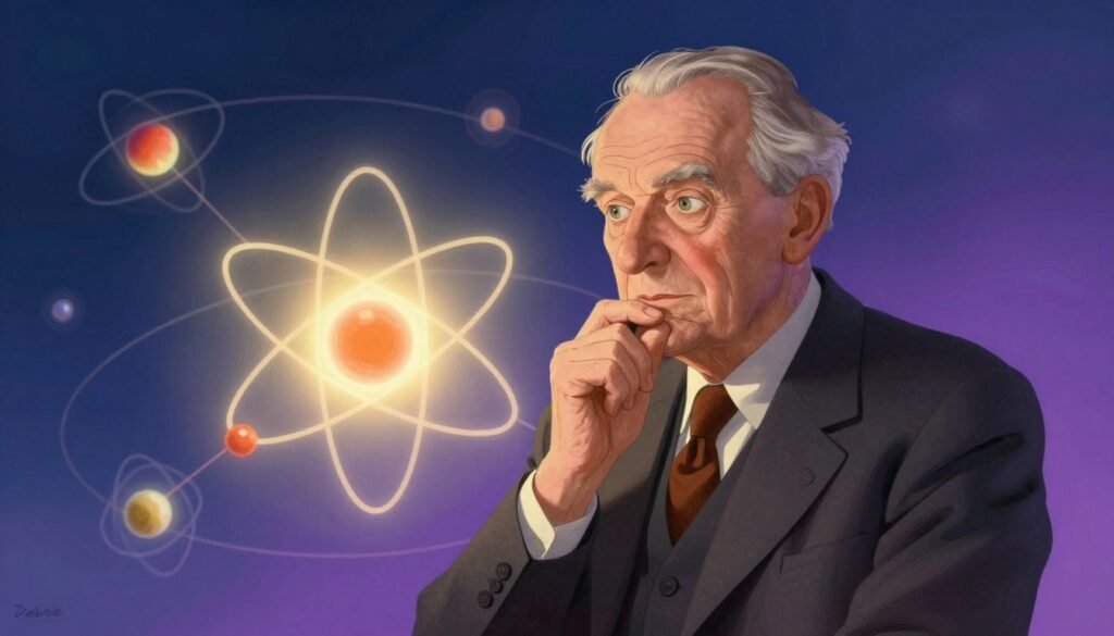 A detailed portrait of Niels Bohr, depicted as an elderly man with distinctive features, wearing a classic suit and tie, set against a backdrop of an abstract representation of the Bohr model of the atom. In the foreground, Bohr is thoughtfully examining a glowing atom with electrons orbiting around a nucleus, illuminated by a warm, soft light. The middle ground features various colorful, translucent orbits and atomic structures, emphasizing his groundbreaking contributions to atomic theory. The background should be a subtle gradient of deep blue and violet, evoking a sense of wonder and scientific inquiry. Use a slight tilt-angle perspective to create depth in the composition. The atmosphere is inspiring and respectful, embodying the legacy of a renowned scientist. Brand signature "Debsie" subtly integrated in the lower corner. A detailed portrait of Niels Bohr, depicted as an elderly man with distinctive features, wearing a classic suit and tie, set against a backdrop of an abstract representation of the Bohr model of the atom. In the foreground, Bohr is thoughtfully examining a glowing atom with electrons orbiting around a nucleus, illuminated by a warm, soft light. The middle ground features various colorful, translucent orbits and atomic structures, emphasizing his groundbreaking contributions to atomic theory. The background should be a subtle gradient of deep blue and violet, evoking a sense of wonder and scientific inquiry. Use a slight tilt-angle perspective to create depth in the composition. The atmosphere is inspiring and respectful, embodying the legacy of a renowned scientist. Brand signature "Debsie" subtly integrated in the lower corner.