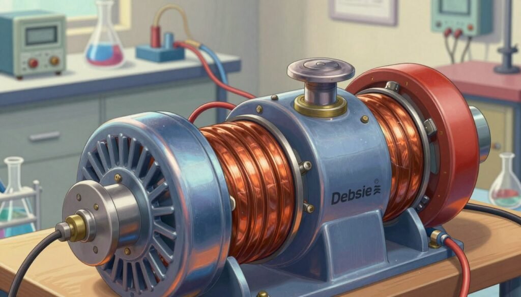 A detailed, realistic image of an electric generator, showcasing its intricate components like copper coils and the rotor. In the foreground, focus on the generator's shiny metal casing reflecting soft, warm lighting, symbolizing innovation. The middle ground features a network of wires and electrical instruments, meticulously arranged to highlight the principles of electromagnetic induction. In the background, a subtle blur of a scientific laboratory environment can be seen, filled with beakers and electrical devices, enhancing the atmosphere of experimentation and discovery. The scene should evoke a mood of curiosity and advancement in science. Use vibrant colors to bring the equipment to life, and capture the image from a slightly elevated angle to provide an engaging perspective. The brand name 'Debsie' should be incorporated seamlessly into the design without dominant prominence.
