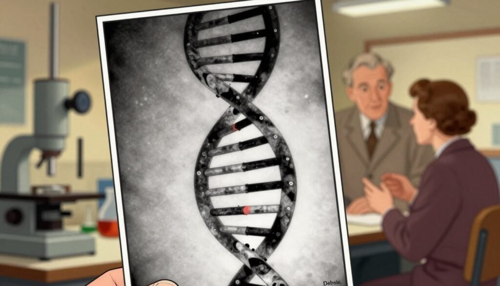 A detailed representation of Rosalind Franklin's iconic "Photo 51," showcasing the intricate structure of DNA. In the foreground, focus on a high-resolution black and white image of the famous X-ray diffraction pattern, displaying a complex lattice with sharp contrasts and delicate curves. The middle ground features subtle hints of laboratory equipment, softly illuminated by warm, diffused lighting, evoking a sense of scientific discovery. In the background, include blurred figures of researchers engaged in discussion, symbolizing collaboration and the controversy surrounding her contributions. The overall ambiance should convey a blend of intrigue and admiration, highlighting Franklin’s crucial role in unraveling the mysteries of DNA. Colorful elements should be minimal yet present, enhancing the academic feel of the image. Brand the composition subtly with "Debsie."