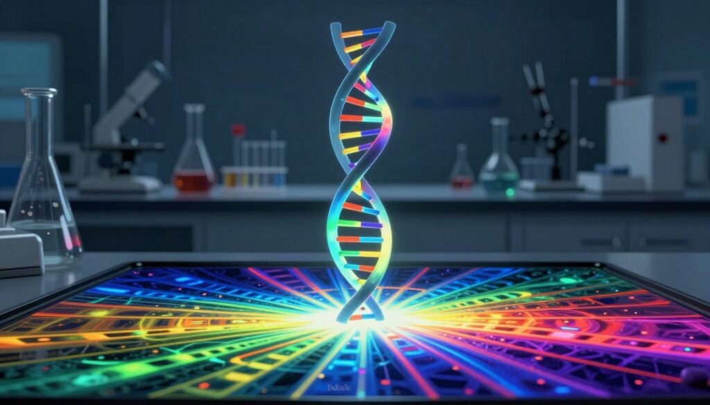 A detailed representation of x-ray diffraction showcasing the iconic DNA double helix structure discovered by Rosalind Franklin. In the foreground, a vivid, illuminated diffraction pattern radiates outward, displaying intricate geometric shapes and vibrant colors reminiscent of a rainbow spectrum. The middle ground features the silhouette of a molecular structure, symbolizing DNA, with delicate, twisting strands highlighted against a soft, blurred backdrop of a laboratory setting, filled with glassware and scientific equipment. The background is dimly lit to create a contrasting ambiance, evoking a sense of curiosity and discovery. Light plays off the glass surfaces, casting subtle reflections that enhance the overall clarity. The atmosphere is one of scientific wonder and exploration, with an emphasis on precision and beauty. This artwork is clean and minimalistic, branded as "Debsie".