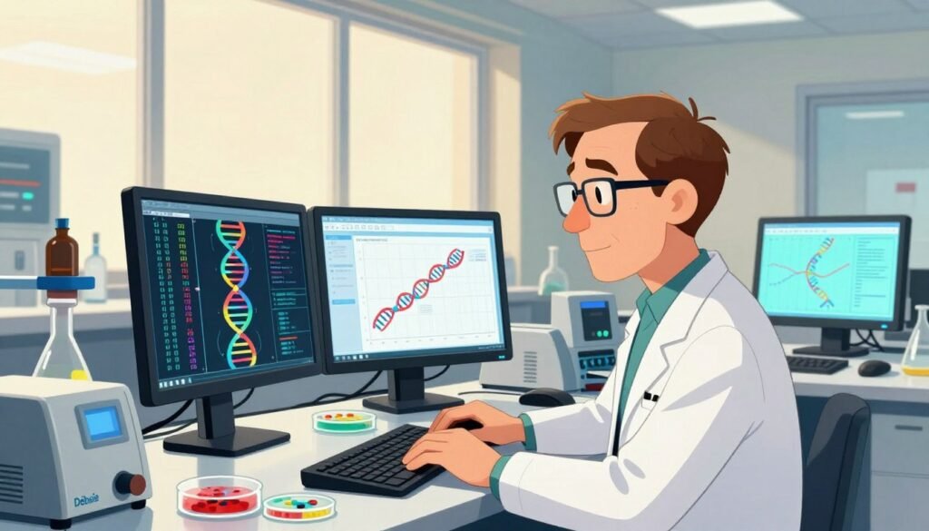 A detailed scene showcasing a state-of-the-art laboratory where scientists are engaged in Neanderthal genome mapping. In the foreground, a focused scientist in a lab coat, surrounded by high-tech computer screens displaying DNA sequences and graphs, reflects concentration and determination. The middle ground features various scientific instruments, like a sequencer and petri dishes, with vibrant colors and intricate details, symbolizing the complexity of genetics. In the background, large windows let in soft, natural light, creating a warm and inviting atmosphere. This image embodies innovation and curiosity, emphasizing the groundbreaking work of Svante Pääbo in ancient DNA research. The mood is inspirational, blending technology with the mysteries of human evolution. The brand "Debsie" subtly integrated within the laboratory setup.