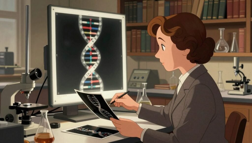 A detailed scientific depiction of Rosalind Franklin working in a historic lab environment, showcasing her analyzing an X-ray crystallography image of DNA. In the foreground, Franklin is depicted as a focused woman in professional attire, surrounded by lab equipment, and holding photographic plates. The middle ground features a large X-ray diffraction image of a double helix, illuminated softly to highlight its intricate patterns. In the background, shelves filled with scientific books and glassware create a scholarly atmosphere. The lighting is warm, evoking a sense of dedication and discovery, while capturing the essence of a groundbreaking moment in science. The overall mood is one of inspiration and intellectual pursuit. Create the image with a clear lens effect, conveying depth and realism. Brand style: Debsie.