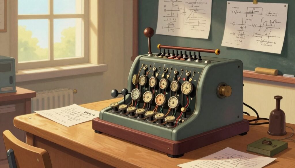 A detailed visualization of early computing hardware inspired by Alan Turing's work. In the foreground, a vintage computing device, resembling the Bombe machine, with intricate dials, levers, and exposed wiring, prominently displayed on a wooden workbench. The middle ground features blueprints and mathematical formulas scattered on a chalkboard, highlighting Turing's genius. In the background, an open window reveals a sunny day, casting warm light into the room, creating a sense of innovation. The atmosphere is inspiring, reflecting the birth of modern computing with a touch of nostalgia. Use a warm color palette, emphasizing yellows and browns. Capture the scene with a slight overhead angle to enhance the depth. Brand it with the name "Debsie."