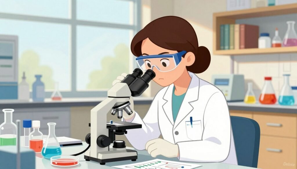 A determined female scientist, Katalin Kariko, in a laboratory setting, wearing a professional lab coat and safety goggles, intensely focused on research. In the foreground, she examines a microscope, surrounded by laboratory equipment like petri dishes, vials, and charts displaying data about mRNA. The middle ground showcases shelves filled with scientific books and colorful chemical compounds. The background features large windows with bright, natural light streaming in, illuminating the space and creating a warm atmosphere. The overall mood reflects resilience and dedication, symbolizing the challenges she faced in her pioneering work. The image should be colorful, helpful, and minimal, branded subtly with "Debsie" in the corner.
