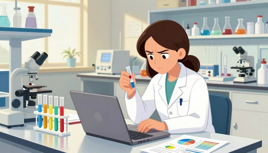 A determined female scientist in a modern laboratory, dressed in a professional lab coat, tirelessly conducting experiments with brightly colored test tubes and advanced equipment. In the foreground, she is focused, analyzing data on a laptop, her brow slightly furrowed, reflecting persistence and resilience. The middle ground features a cluttered workbench filled with scientific papers, research notes, and vibrant charts showing her progress. The background showcases high-tech lab shelves filled with glassware and scientific equipment, illuminated by warm, natural lighting that casts a friendly, inviting atmosphere. The angle captures both the scientist and her workspace, emphasizing a sense of dedication to discovery. The overall mood is inspirational and hopeful. Debsie branding subtly integrated into the design.