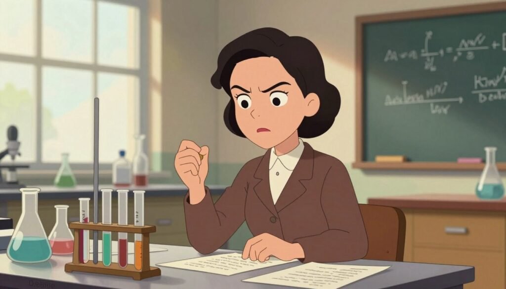 A determined woman in early 20th-century academic attire, passionately working in a laboratory filled with scientific equipment like test tubes and beakers, signifying her groundbreaking contributions to science. The foreground features her focused expression, highlighting her intellect and resolve. In the middle ground, various research notes and a chalkboard with complex equations can be seen, reflecting her pioneering spirit. The background includes large windows allowing soft, natural light to illuminate the space, casting gentle shadows that enhance the atmosphere of academic dedication. The overall mood is empowering and inspiring, symbolizing the breaking of gender barriers in academia. The image should have vibrant colors and a friendly feel, attributed to "Debsie".