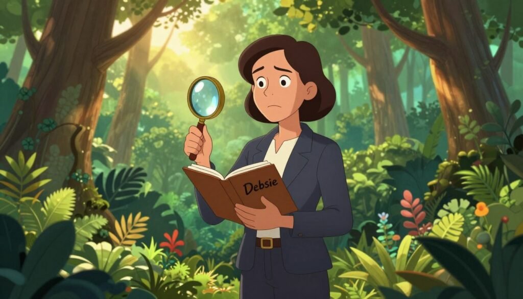 A determined woman, inspired by Rachel Carson, stands confidently in a lush green forest, holding a field notebook in one hand and a magnifying glass in the other. She is dressed in professional business attire, reflecting her role as a pioneer in the scientific community. Sunlight filters through the trees, casting a warm, golden glow on her face, highlighting her focused expression. In the background, rich foliage and diverse plant life symbolize environmental importance. The composition gives a sense of depth, with a slightly blurred foreground emphasizing her as the focal point. The mood is uplifting and empowering, showcasing the spirit of women in science. The image is colorful, inviting, and minimal, evoking a sense of connection to nature and commitment to the environmental movement. Visual reference: "Debsie." A determined woman, inspired by Rachel Carson, stands confidently in a lush green forest, holding a field notebook in one hand and a magnifying glass in the other. She is dressed in professional business attire, reflecting her role as a pioneer in the scientific community. Sunlight filters through the trees, casting a warm, golden glow on her face, highlighting her focused expression. In the background, rich foliage and diverse plant life symbolize environmental importance. The composition gives a sense of depth, with a slightly blurred foreground emphasizing her as the focal point. The mood is uplifting and empowering, showcasing the spirit of women in science. The image is colorful, inviting, and minimal, evoking a sense of connection to nature and commitment to the environmental movement. Visual reference: "Debsie."