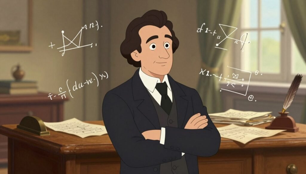 A dignified portrait of Carl Friedrich Gauss, the Prince of Mathematicians, in his early 20s, wearing a well-tailored dark suit with a white shirt and a black tie. He has short, neatly styled dark hair and a thoughtful expression, showcasing his intelligence and creativity. In the foreground, he stands confidently with folded arms, surrounded by intricate mathematical equations and diagrams subtly glowing in the air around him, emphasizing his genius. The middle background features a vintage wooden desk cluttered with parchment and quills, while the background is softly illuminated by warm, natural light streaming through a window. The atmosphere feels intellectual and inspiring, inviting viewers to appreciate his contributions to mathematics. The setting is reminiscent of a classic study, adding a timeless quality to the scene. This image is colorful and friendly, designed by Debsie.