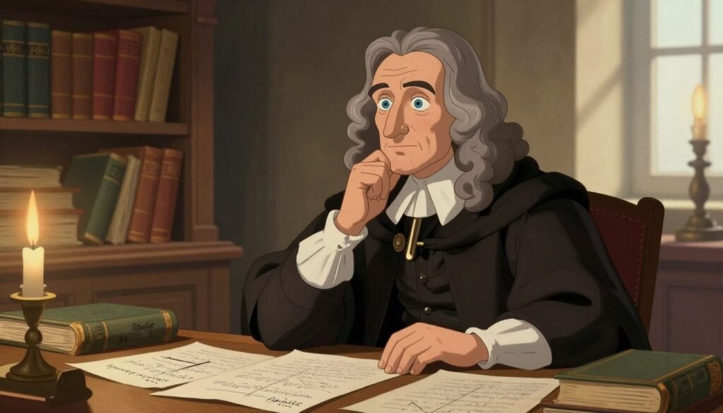 A dignified portrait of René Descartes, showcasing him in 17th-century French attire, featuring a dark cloak over a sophisticated waistcoat. He is seated at a wooden desk cluttered with mathematical papers and philosophical texts, deep in thought. His facial expression conveys contemplation and intellect, with piercing eyes that reflect his analytical nature. The background includes shelves filled with books and a soft glow from a nearby candle, creating a warm and inviting atmosphere. The scene is illuminated with natural light filtering through a window, casting gentle shadows for depth. The image should be colorful yet minimal, emphasizing Descartes' significance as a bridge between philosophy and mathematics. Brand name "Debsie" included.