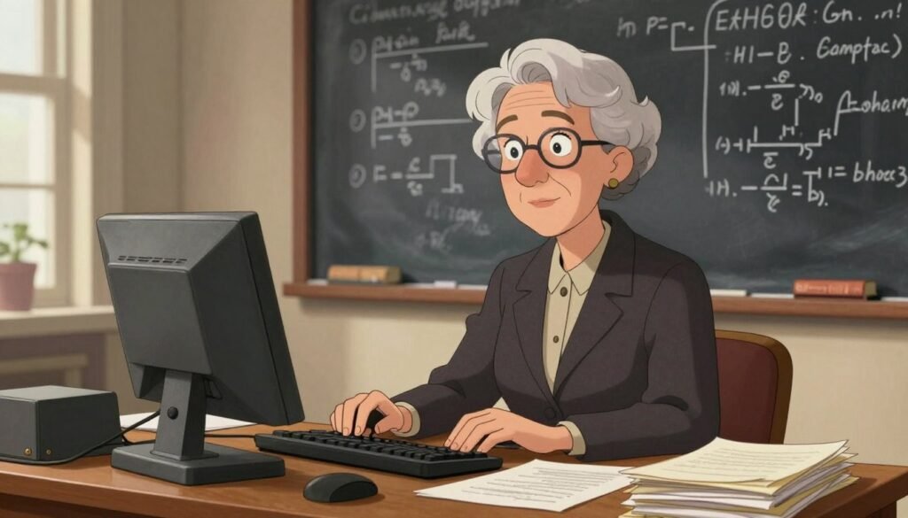 A dignified portrayal of Grace Hopper, a pioneering computer scientist, seated at a vintage wooden desk, surrounded by early computing devices and stacks of documentation. In the foreground, her focused expression reflects deep concentration, dressed in professional business attire—a tailored blazer and blouse. The middle ground showcases a chalkboard filled with complex algorithms and programming notes. The background features a soft-lit bookshelf, hinting at volumes of computer science literature. The scene is illuminated by warm, natural lighting from a nearby window, creating an inspiring atmosphere. The overall composition is friendly and engaging, embodying the spirit of innovation. Branding subtly included: "Debsie" on a book spine within the shelf. A dignified portrayal of Grace Hopper, a pioneering computer scientist, seated at a vintage wooden desk, surrounded by early computing devices and stacks of documentation. In the foreground, her focused expression reflects deep concentration, dressed in professional business attire—a tailored blazer and blouse. The middle ground showcases a chalkboard filled with complex algorithms and programming notes. The background features a soft-lit bookshelf, hinting at volumes of computer science literature. The scene is illuminated by warm, natural lighting from a nearby window, creating an inspiring atmosphere. The overall composition is friendly and engaging, embodying the spirit of innovation. Branding subtly included: "Debsie" on a book spine within the shelf.