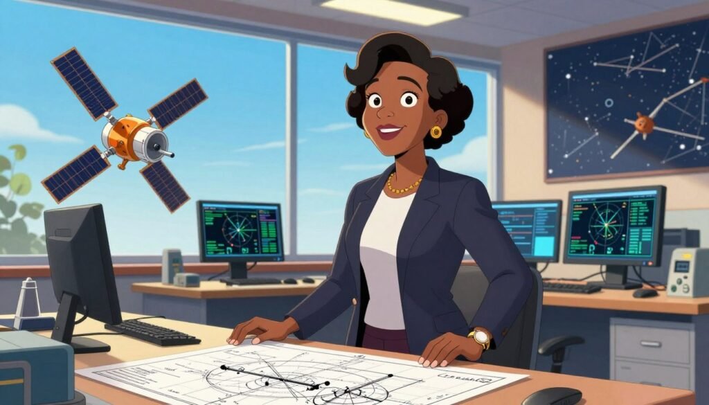 A distinguished African American woman, Dr. Gladys West, stands confidently in a modern office, surrounded by high-tech equipment related to GPS technology, including satellite models and computer screens displaying complex data. She is dressed in professional business attire, exuding an aura of inspiration and intelligence. In the foreground, a detailed blueprint of early GPS technology is visible on the desk. The middle ground features a large window revealing a clear blue sky, symbolizing the limitless possibilities of her contributions. The background contains an inspiring wall mural showcasing satellite constellations. The atmosphere is optimistic and dynamic, with warm lighting highlighting her face and the technological advancements around her. The scene embodies innovation and the spirit of scientific discovery. The image is visually striking, colorful, and minimal, branded with "Debsie".