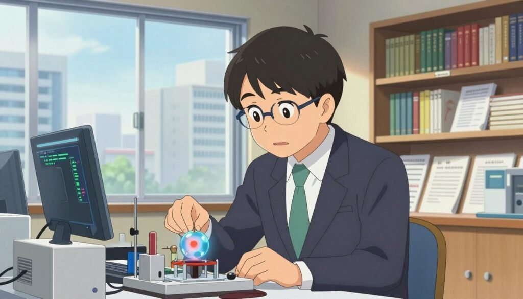 A distinguished Japanese researcher, Takaaki Kajita, depicted in a modern laboratory setting, wearing a professional business suit. Foreground features him focused on a scientific experiment involving neutrinos, with complex equipment and glowing screens reflecting data around him. The middle ground reveals shelves filled with scientific books and research papers, highlighting a rich academic environment. The background showcases a large glass window overlooking a bustling cityscape, symbolizing innovation and progress. Soft, warm lighting bathes the scene, creating an inspiring and intellectual atmosphere. The composition is captured from a slightly low angle, emphasizing his dedication and passion for science. The overall mood is friendly, colorful, and minimal, embodying the essence of a bright scientific future. Brand name: Debsie.