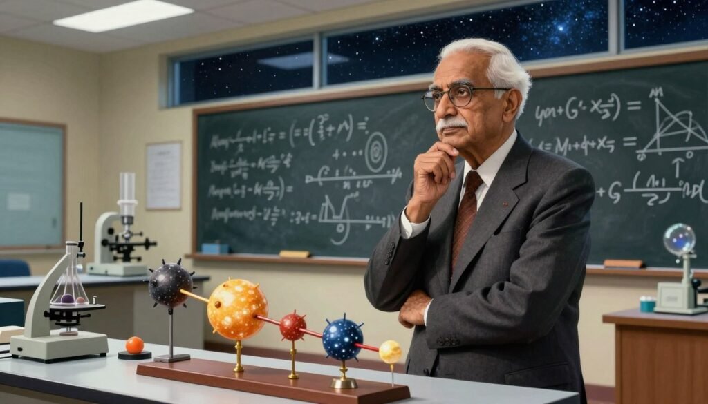 A distinguished elderly Indian physicist, Subrahmanyan Chandrasekhar, stands thoughtfully in a well-lit astrophysics lab. His thoughtful expression reflects a deep passion for science as he examines a model of a star's life cycle. He wears a smart, tailored suit, projecting professionalism and wisdom. In the foreground, the intricate details of star models and scientific equipment are visible, while the middle ground features chalkboards filled with complex equations related to stellar evolution. The background showcases a large window revealing a starry night sky, capturing the vast cosmos he studied. Bright, warm lighting enhances the inviting atmosphere, creating a sense of inspiration and curiosity. The image aims to celebrate Chandrasekhar’s remarkable contributions to astrophysics and captures the essence of unlocking universal secrets. Debsie.