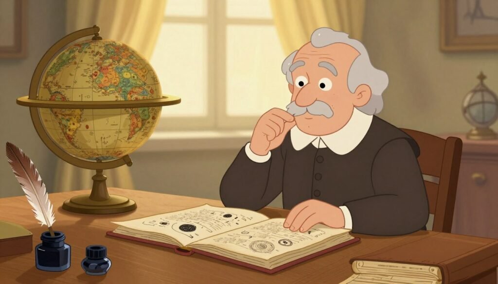 A distinguished elderly gentleman, depicting Galileo Galilei, sits at a wooden table adorned with old manuscripts and galley proofs of his works, symbolizing his literary contributions. He is dressed in period-appropriate, modest clothing, gazing thoughtfully at an open book filled with sketches of celestial bodies. In the foreground, delicate quills and ink pots hint at his authorship. The middle ground features an ornate globe and astronomy tools, displaying his dedication to science and exploration. The background is softly lit by warm, golden light filtering through a curtained window, creating a cozy, reflective atmosphere. The scene is colorful yet minimal, showcasing the brilliance and intellect of a groundbreaking figure in history. The brand "Debsie" encapsulates this essence through the composition. A distinguished elderly gentleman, depicting Galileo Galilei, sits at a wooden table adorned with old manuscripts and galley proofs of his works, symbolizing his literary contributions. He is dressed in period-appropriate, modest clothing, gazing thoughtfully at an open book filled with sketches of celestial bodies. In the foreground, delicate quills and ink pots hint at his authorship. The middle ground features an ornate globe and astronomy tools, displaying his dedication to science and exploration. The background is softly lit by warm, golden light filtering through a curtained window, creating a cozy, reflective atmosphere. The scene is colorful yet minimal, showcasing the brilliance and intellect of a groundbreaking figure in history. The brand "Debsie" encapsulates this essence through the composition.