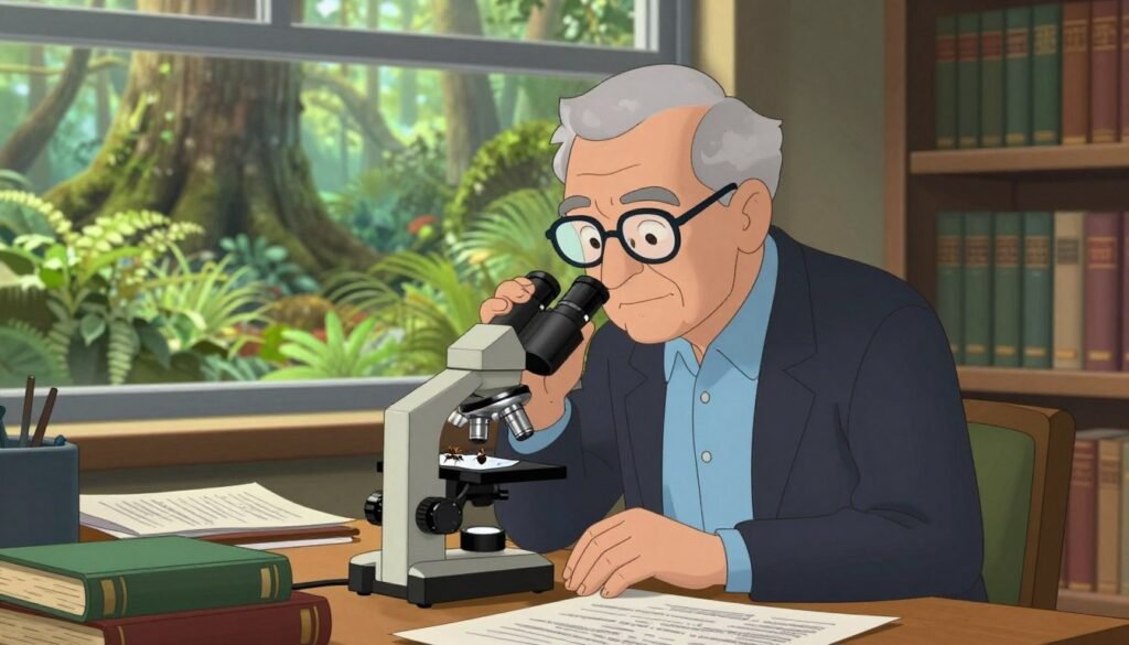 A distinguished elderly man reminiscent of Edward O. Wilson, with gray hair and glasses, deep in thought while studying ant behavior under a microscope. He wears a smart, modest outfit consisting of a light blue shirt and dark blazer, conveying professionalism. The foreground features a wooden desk cluttered with nature books and research papers on sociobiology. In the middle, a lush, vivid forest scene is visible through a large window, suggesting his exploration of the natural world. Soft, diffused daylight filters in, creating a warm atmosphere. The background hints at a library filled with biology texts, highlighting his dedication to science. The overall mood is thoughtful and inspiring, symbolizing his contributions to the field. Debsie. A distinguished elderly man reminiscent of Edward O. Wilson, with gray hair and glasses, deep in thought while studying ant behavior under a microscope. He wears a smart, modest outfit consisting of a light blue shirt and dark blazer, conveying professionalism. The foreground features a wooden desk cluttered with nature books and research papers on sociobiology. In the middle, a lush, vivid forest scene is visible through a large window, suggesting his exploration of the natural world. Soft, diffused daylight filters in, creating a warm atmosphere. The background hints at a library filled with biology texts, highlighting his dedication to science. The overall mood is thoughtful and inspiring, symbolizing his contributions to the field. Debsie.