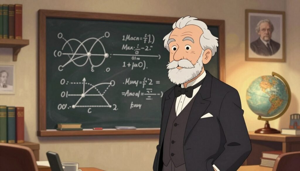 A distinguished elderly scientist, Max Planck, is depicted in a cozy, warmly-lit study filled with books on physics and quantum theory. In the foreground, he stands with an engaging expression, wearing a classic dark suit, with a bow tie, symbolizing his era. The middle ground features a chalkboard filled with intricate diagrams of wave-particle duality and the quantum physics equations that he famously developed. In the background, soft light from a vintage lamp casts a gentle glow, illuminating a globe and framed portraits of other notable scientists. The mood is intellectual and inspiring, emphasizing the significance of Planck's contributions to science. The image is vibrant and inviting, encapsulating the essence of discovery associated with quantum theory. Lightweight bokeh effects enhance the photograph's depth. This professional image reflects stability and innovation, designed for readers to connect with the legacy of Max Planck. Debsie.