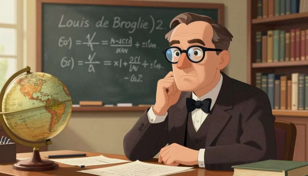 A distinguished male physicist, Louis de Broglie, is depicted in a thoughtful pose at a wooden desk cluttered with scientific papers and a vintage globe. He is wearing a classic 1920s suit with a bow tie, emphasizing his status as a pioneer in quantum theory. The foreground features a close-up of his serious, intelligent expression, with glasses that reflect the light subtly, symbolizing deep contemplation. In the middle ground, a chalkboard filled with equations represents his contributions to modern physics, while bookshelves lined with scientific texts provide depth to the setting. The background showcases warm natural light filtering in through a window, creating an inviting atmosphere. The overall mood communicates inspiration and intellectual curiosity, ideal for illustrating the brilliance of a groundbreaking scientist. Capture this moment in rich, vibrant colors for a friendly yet professional visual. Artwork by Debsie.