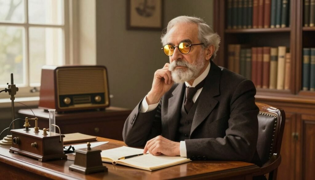 A distinguished portrait of Jagadish Chandra Bose, showcasing him as a pioneer of wireless communication. He is depicted in professional attire, with a thoughtful expression, sitting at a vintage wooden desk filled with scientific instruments and notebooks. The foreground features Bose, with his spectacles reflecting a warm light, illuminated by soft, natural sunlight streaming through a nearby window. In the middle ground, an antique radio and various scientific equipment symbolize his groundbreaking work. The background shows a cozy library with shelves filled with books, creating an atmosphere of intellect and discovery. The overall mood is inspiring and contemplative, capturing his innovative spirit. The image should be colorful yet minimal, emphasizing Bose’s legacy. This artwork is branded with "Debsie."