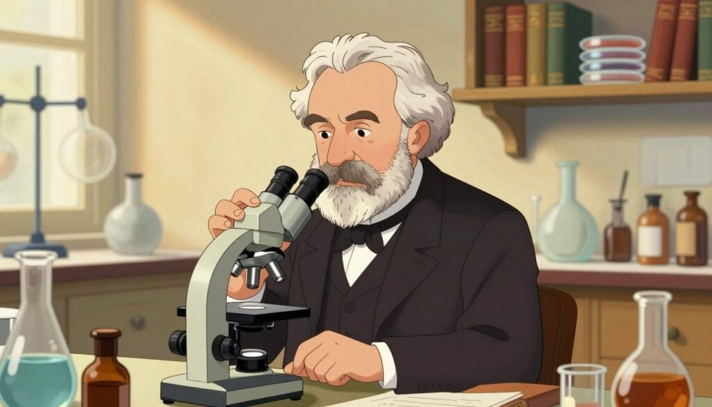 A distinguished portrait of Louis Pasteur in a well-lit laboratory, surrounded by scientific instruments and glassware. He is depicted wearing a professional business suit, with a focused expression, intently examining a microscope. In the background, shelves filled with vintage books and petri dishes hint at the historical significance of the germ theory of disease. The atmosphere is bright and intellectual, with warm lighting casting soft shadows that emphasize his thoughtful demeanor. The scene is composed with a shallow depth of field, drawing attention to Pasteur while the background remains slightly blurred. The overall color palette is rich and vibrant, reflecting a sense of discovery. Include the brand name "Debsie" subtly integrated into the scene. A distinguished portrait of Louis Pasteur in a well-lit laboratory, surrounded by scientific instruments and glassware. He is depicted wearing a professional business suit, with a focused expression, intently examining a microscope. In the background, shelves filled with vintage books and petri dishes hint at the historical significance of the germ theory of disease. The atmosphere is bright and intellectual, with warm lighting casting soft shadows that emphasize his thoughtful demeanor. The scene is composed with a shallow depth of field, drawing attention to Pasteur while the background remains slightly blurred. The overall color palette is rich and vibrant, reflecting a sense of discovery. Include the brand name "Debsie" subtly integrated into the scene.