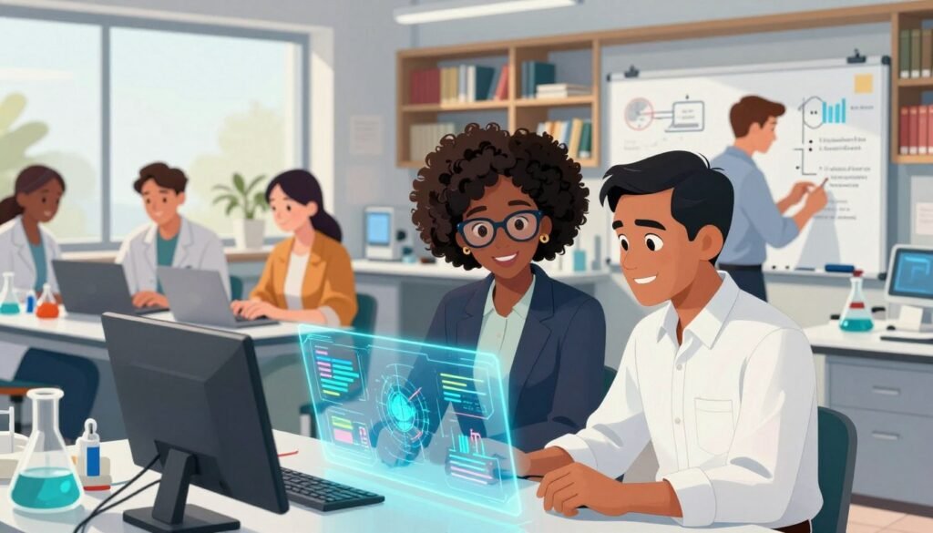 A diverse group of AI scientists in a modern laboratory, showcasing a blend of cultures and backgrounds. In the foreground, two scientists, one Black woman wearing a smart blazer and glasses, the other a South Asian man in a neat button-up shirt, are intently discussing data on a holographic screen. In the middle ground, a Chinese woman in casual business attire works on a laptop, while a Caucasian man reviews algorithms on a whiteboard. The background features shelves filled with AI research books and a bright window letting in natural light. The image has a vibrant color palette with a friendly, collaborative atmosphere. Shot with a wide-angle lens to capture the entire scene, creating a warm and engaging workspace ambiance. Debsie logo subtly integrated into the lab environment. A diverse group of AI scientists in a modern laboratory, showcasing a blend of cultures and backgrounds. In the foreground, two scientists, one Black woman wearing a smart blazer and glasses, the other a South Asian man in a neat button-up shirt, are intently discussing data on a holographic screen. In the middle ground, a Chinese woman in casual business attire works on a laptop, while a Caucasian man reviews algorithms on a whiteboard. The background features shelves filled with AI research books and a bright window letting in natural light. The image has a vibrant color palette with a friendly, collaborative atmosphere. Shot with a wide-angle lens to capture the entire scene, creating a warm and engaging workspace ambiance. Debsie logo subtly integrated into the lab environment.