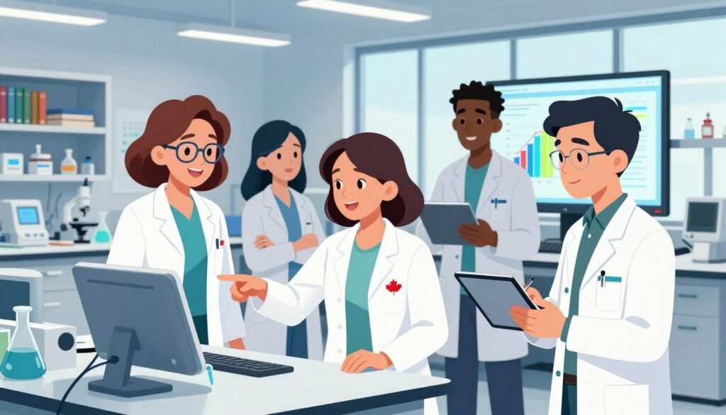 A diverse group of Canadian scientists gathered in a modern laboratory, showcasing unity and innovation. In the foreground, a middle-aged female scientist in a lab coat, wearing glasses, enthusiastically points at a high-tech device on the table while a young male scientist, dressed in smart-casual attire, takes notes on a digital tablet. In the middle ground, two other scientists—one of Asian descent and one Black—examine a colorful graph displayed on a large screen, deep in discussion. The background features shelves filled with scientific books and equipment, with natural light streaming in through large windows, creating an inviting atmosphere. The overall mood is collaborative and inspiring, reflecting the theme of groundbreaking discovery and the pursuit of knowledge. Bright colors dominate the scene, highlighting the vibrancy of scientific exploration. Brand logo "Debsie" subtly integrated into the lab setting.