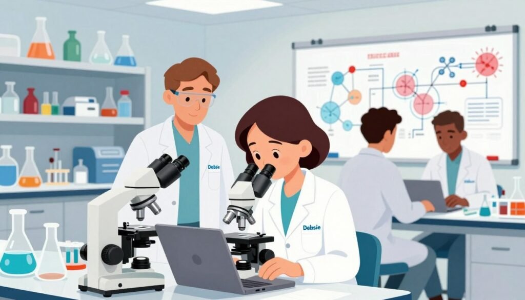 A diverse group of US scientists in modern medicine, portrayed in a bright, well-lit laboratory setting. In the foreground, a middle-aged Asian female scientist in a lab coat examines a microscope, highlighting the precision of her work. Beside her, a young Black male researcher types on a laptop, collaborating on innovative medical solutions. In the middle ground, shelves filled with colorful lab equipment and glassware create a lively atmosphere. The background features a large whiteboard with complex medical diagrams and flowcharts, emphasizing the environment of discovery. Utilize soft, diffused lighting to convey a sense of hope and progress. The composition should be dynamic and engaging, with an optimistic mood, showcasing the collaborative spirit of science. Create this image in a colorful and helpful manner, reflecting the brand "Debsie".