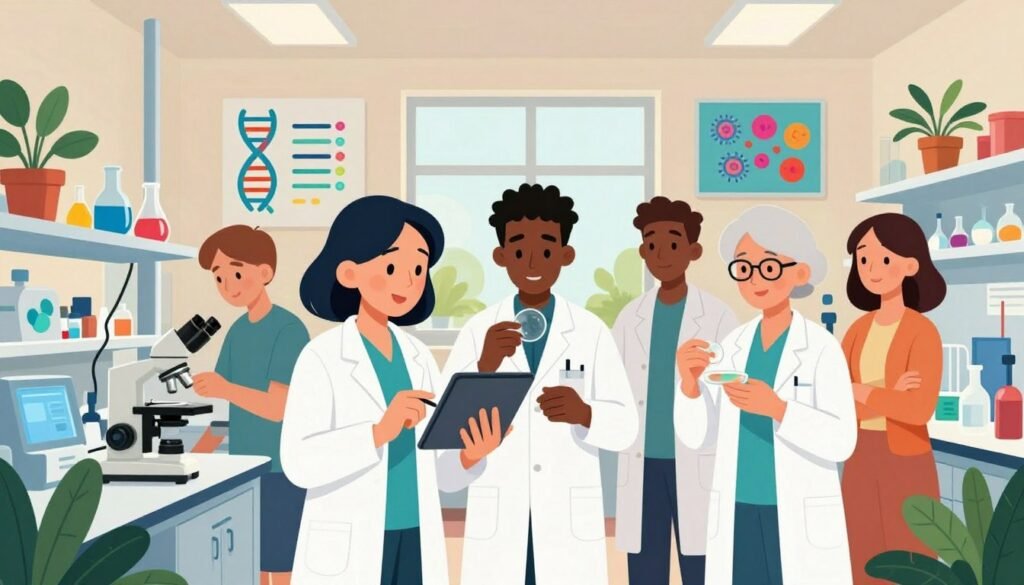 A diverse group of biologists stands at the forefront of a colorful, dynamic laboratory filled with high-tech equipment and vibrant plant specimens. In the foreground, a middle-aged woman of Asian descent discusses findings on a digital tablet, wearing a professional lab coat. Next to her, a young Black male scientist inspects a microscope, while an elderly white female biologist examines a petri dish, all attired in smart business casual outfits. The middle ground features colorful charts and images of DNA strands and cells adorning the walls, symbolizing the future of biological research. In the background, a bright window allows soft, natural light to illuminate the space, casting a warm, friendly atmosphere. The entire scene conveys a sense of collaboration and innovation, focusing on progress in biological sciences. Debsie. A diverse group of biologists stands at the forefront of a colorful, dynamic laboratory filled with high-tech equipment and vibrant plant specimens. In the foreground, a middle-aged woman of Asian descent discusses findings on a digital tablet, wearing a professional lab coat. Next to her, a young Black male scientist inspects a microscope, while an elderly white female biologist examines a petri dish, all attired in smart business casual outfits. The middle ground features colorful charts and images of DNA strands and cells adorning the walls, symbolizing the future of biological research. In the background, a bright window allows soft, natural light to illuminate the space, casting a warm, friendly atmosphere. The entire scene conveys a sense of collaboration and innovation, focusing on progress in biological sciences. Debsie.