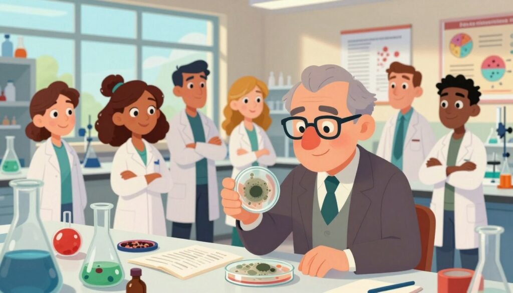 A diverse group of groundbreaking biologists, including a representation of Alexander Fleming, is depicted in a well-lit laboratory setting. In the foreground, Fleming is portrayed in professional attire, focused on a petri dish with mold, showcasing his discovery of penicillin. The middle ground features elements of scientific research: colorful lab equipment, open books, and scientific posters detailing the antibiotic revolution. The background reveals large windows allowing natural light to pour in, illuminating the space and creating an atmosphere of curiosity and innovation. The scene is vibrant, inviting, and educational, symbolizing the passion for discovery in the field of biology. Render this image with a soft focus lens for a warm, engaging feel. The branding "Debsie" should subtly appear within the laboratory scene. A diverse group of groundbreaking biologists, including a representation of Alexander Fleming, is depicted in a well-lit laboratory setting. In the foreground, Fleming is portrayed in professional attire, focused on a petri dish with mold, showcasing his discovery of penicillin. The middle ground features elements of scientific research: colorful lab equipment, open books, and scientific posters detailing the antibiotic revolution. The background reveals large windows allowing natural light to pour in, illuminating the space and creating an atmosphere of curiosity and innovation. The scene is vibrant, inviting, and educational, symbolizing the passion for discovery in the field of biology. Render this image with a soft focus lens for a warm, engaging feel. The branding "Debsie" should subtly appear within the laboratory scene.