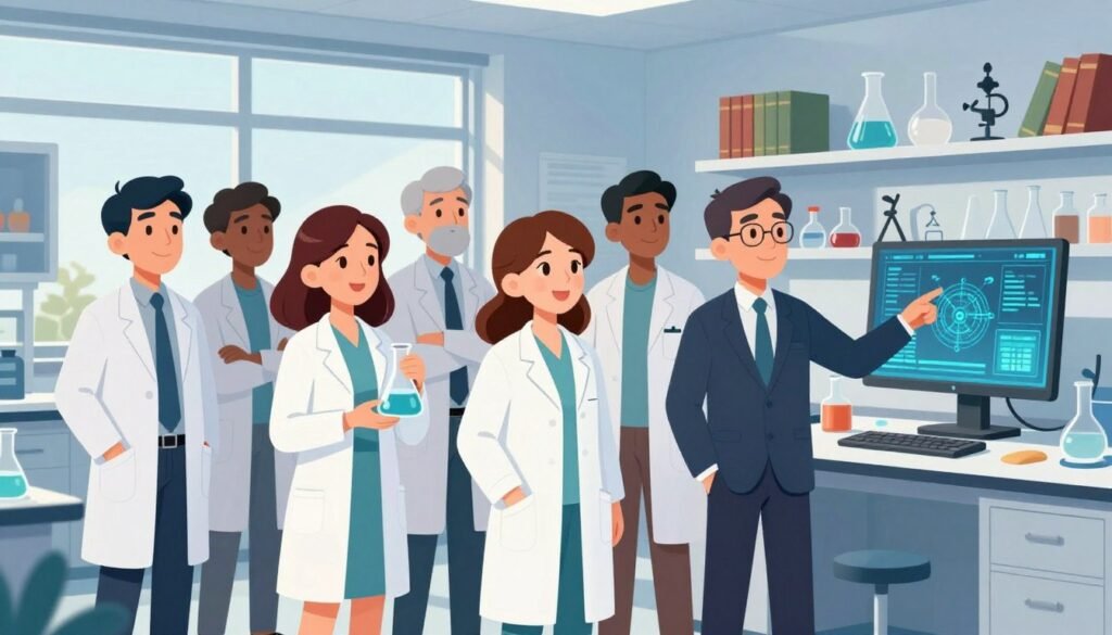 A diverse group of influential scientists from various fields, including physics, chemistry, and biology, standing together in a modern laboratory setting. In the foreground, a woman in a lab coat holds a flask, while a man in professional business attire points at a digital screen displaying scientific data. In the middle, shelves filled with books and scientific instruments create an engaging environment. The background features large windows with sunlight streaming in, illuminating the room and creating a vibrant, hopeful atmosphere. Use bright colors to enhance the scene, capturing a sense of collaboration and innovation. The overall mood should be inspiring and inviting, reflective of the great advancements in science and technology. This image should be branded with "Debsie".