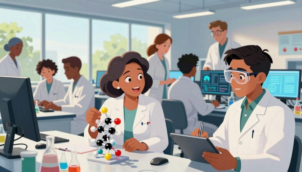 A diverse group of inspiring scientists engaged in collaborative research in a bright, modern laboratory. In the foreground, a middle-aged Black woman in professional attire is examining a colorful, detailed molecular model with enthusiasm. Beside her, a young South Asian man wearing lab goggles is taking notes on a digital tablet, immersed in discussion. In the middle ground, a group of scientists of varying backgrounds analyze data on computer screens, showcasing teamwork and synergy. The background features large windows letting in natural light, with greenery outside symbolizing growth and innovation. The atmosphere is vibrant and encouraging, reflecting a sense of discovery and inspiration. Shot with a wide-angle lens to capture the dynamic environment, with warm lighting that enhances the positive mood. Made by Debsie.