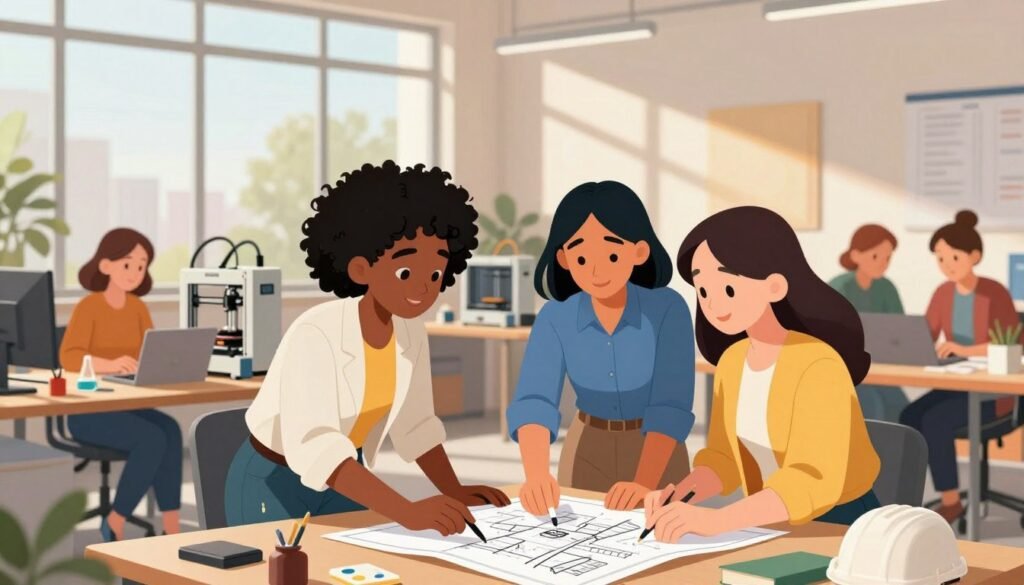A diverse group of professional women engineers in a modern workspace, showcasing their ingenuity and teamwork. In the foreground, a Black woman in business attire collaborates with a Latina woman wearing smart casual clothing, both engaged in discussing a blueprint. In the middle section, a South Asian woman is working on a 3D printer, while a Caucasian woman analyzes data on a laptop, all surrounded by engineering tools and prototypes. The background features a bright, open office space with large windows allowing natural light to flood in, casting soft shadows. The atmosphere is empowering and dynamic, reflecting innovation and progress. The color palette is warm and inviting, combining vibrant hues that represent creativity and diversity. This image embodies the essence of modern engineering. Brand name: Debsie.