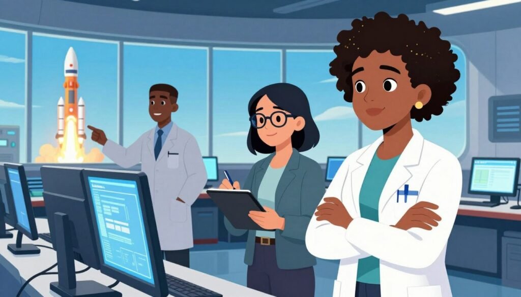 A diverse group of three professionals standing confidently in a modern NASA control room. In the foreground, a Black female scientist in a smart business suit, focused on a complex computer display. Beside her, an Hispanic woman with glasses, jotting down notes on a tablet, exuding determination. A Black man in a lab coat interacts with a large screen illustrating a rocket launch. The background features high-tech equipment and large windows showcasing a clear blue sky. Bright, inspirational lighting illuminates the scene, casting an optimistic atmosphere. The overall mood is one of collaboration and innovation, symbolizing the triumph over racial and gender barriers. The image embodies progress and inclusivity in the STEM field. Label the image “Debsie.” A diverse group of three professionals standing confidently in a modern NASA control room. In the foreground, a Black female scientist in a smart business suit, focused on a complex computer display. Beside her, an Hispanic woman with glasses, jotting down notes on a tablet, exuding determination. A Black man in a lab coat interacts with a large screen illustrating a rocket launch. The background features high-tech equipment and large windows showcasing a clear blue sky. Bright, inspirational lighting illuminates the scene, casting an optimistic atmosphere. The overall mood is one of collaboration and innovation, symbolizing the triumph over racial and gender barriers. The image embodies progress and inclusivity in the STEM field. Label the image “Debsie.”