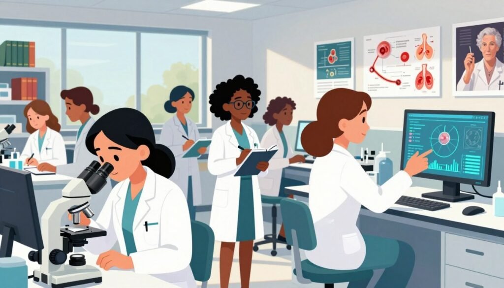 A diverse group of women in medicine, depicting a multi-ethnic team of medical scientists collaborating in a bright, modern laboratory. In the foreground, a South Asian woman in a lab coat examines a microscope, a Black woman with glasses jotts down notes, and a Hispanic woman gestures towards a digital screen displaying medical data. In the middle ground, shelves filled with medical journals and equipment add depth, while natural light floods the room through large windows, creating a warm and inviting atmosphere. The background features charts and images of medical breakthroughs. Overall, the scene conveys a sense of discovery and empowerment, showcasing the vital contributions of women in history. Colorful and vibrant, the image reflects the innovative spirit of the medical field, branded subtly with "Debsie".