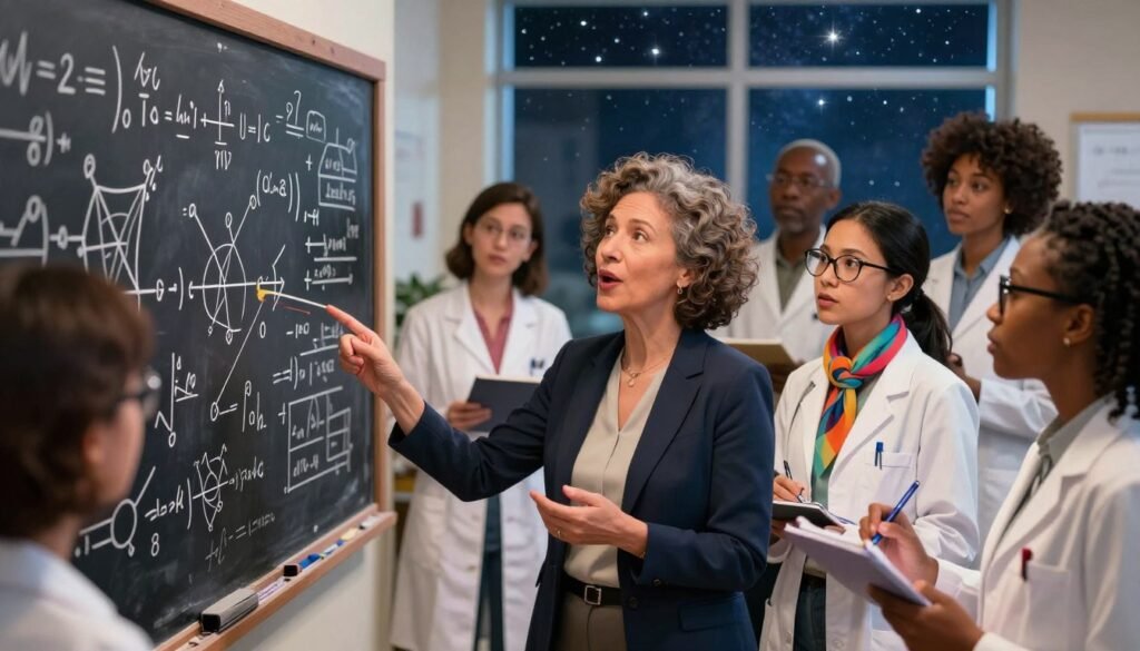 A diverse group of women scientists, embodying visionaries in theoretical physics, gathered around a large blackboard filled with complex equations and diagrams. In the foreground, a middle-aged woman with short, curly hair wears a smart blazer, passionately explaining a concept. Beside her, a young woman with glasses and a colorful scarf is scribbling notes, her expression focused and engaged. In the background, a large window reveals a starry night sky, symbolizing immense possibilities and curiosity. The lighting is soft yet illuminating, casting a warm glow on their faces, enhancing the atmosphere of inspiration and creativity. Shot in a slightly elevated angle to capture the collaborative spirit, this scene conveys empowerment and brilliance in science. Vibrant colors highlight their dynamic environment, embodying the energy of discovery. Designed by Debsie.