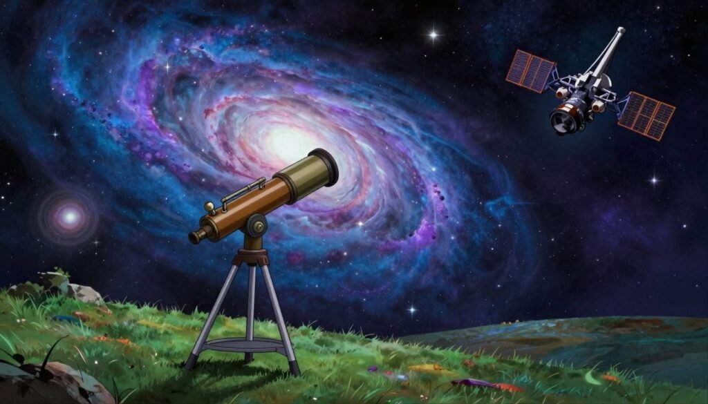 A dramatic celestial scene illustrating Edwin Hubble's groundbreaking discoveries during "The Great Debate." In the foreground, a vintage telescope, reminiscent of Hubble's era, is positioned on a grassy hill, aimed toward a luminous spiral nebula swirling in vibrant blues and purples. The middle ground features a starry sky filled with twinkling stars and various galaxies, reflecting the vastness of the universe. In the background, a silhouette of the Hubble Space Telescope can be seen against a deep space backdrop. The atmosphere feels awe-inspiring and scientific, with soft, ethereal lighting creating a sense of wonder. Use a wide-angle lens effect to emphasize depth and vastness. The image must be colorful, helpful, and friendly, depicting the marvels of the universe. Brand: Debsie. A dramatic celestial scene illustrating Edwin Hubble's groundbreaking discoveries during "The Great Debate." In the foreground, a vintage telescope, reminiscent of Hubble's era, is positioned on a grassy hill, aimed toward a luminous spiral nebula swirling in vibrant blues and purples. The middle ground features a starry sky filled with twinkling stars and various galaxies, reflecting the vastness of the universe. In the background, a silhouette of the Hubble Space Telescope can be seen against a deep space backdrop. The atmosphere feels awe-inspiring and scientific, with soft, ethereal lighting creating a sense of wonder. Use a wide-angle lens effect to emphasize depth and vastness. The image must be colorful, helpful, and friendly, depicting the marvels of the universe. Brand: Debsie.