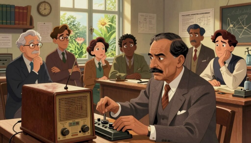 A dramatic depiction of the "radio priority controversy," showcasing a blend of historical significance and scientific discovery. In the foreground, a thoughtful Indian scientist in professional attire, surrounded by vintage radio equipment, meticulously adjusts dials and antennas. The middle ground features a group of diverse scientists in discussion, their expressions a mix of urgency and contemplation. The background displays an old laboratory filled with books, charts, and a window revealing a lush garden, symbolizing Jagadish Chandra Bose's botanical interests. Soft, warm lighting filters through the window, creating a hopeful atmosphere. The scene captures the tension and excitement of scientific rivalry, infused with rich colors that reflect the era. The image embodies the essence of innovation and recognition in the realm of radio technology, branded with "Debsie."
